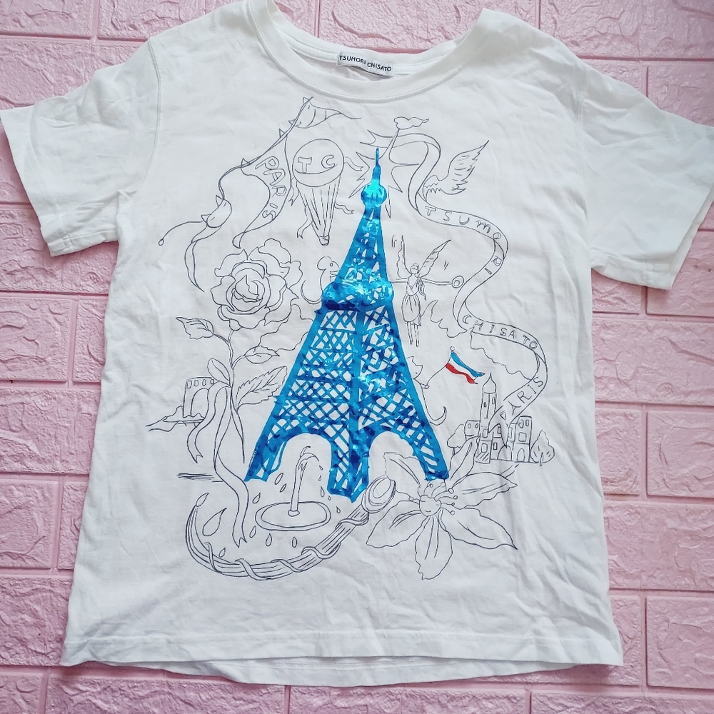 tsumori chisato Japan white cotton Paris Tower top tee rare